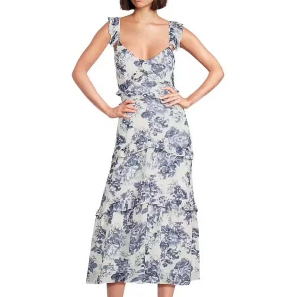 O.P.T. One Pretty Thing, Ingrid, Floral Ruffle Midi Dress in Blue and White